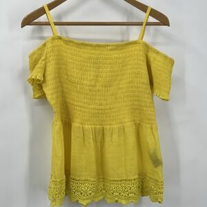 Women Yellow Cold Shoulder Smocked Top Lace Top XL CottageCore Boho Coquette